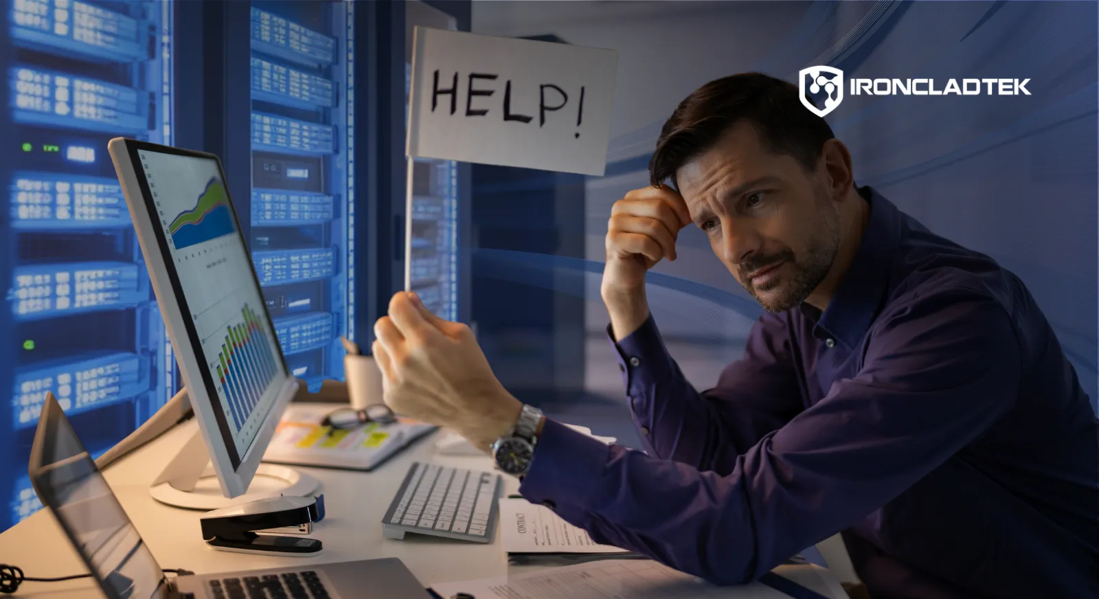 Image represents the blog title: Managed IT Services vs. In-House IT: Which Is Right for Your Business? A man is sitting at a desk, looking pensive and trying to make a decision in front of his computer.