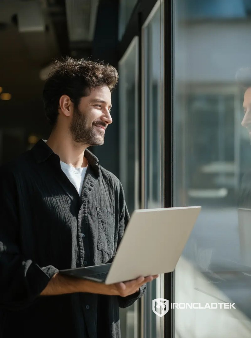 A professional using Cloud Desktop on a laptop in a cozy home office, showcasing remote work flexibility and security.