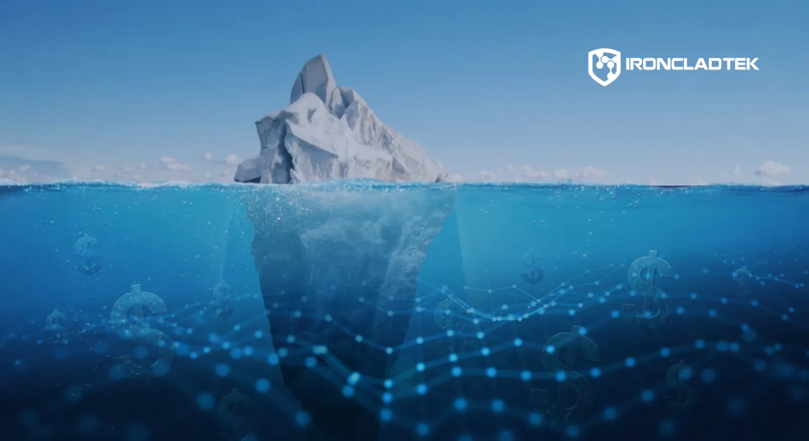 An image that represents the title of the blog The Hidden Cost of Choosing IT Vendors Without a Plan. There is a picture of an iceberg above and below the surface of the water. Underneath the surface, there is a lot going on to represent the complexity of IT vendor management: computer nodes floating, etc.